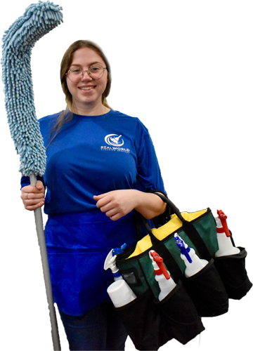 cleaning team member with products